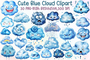 Blue Cloud Clipart, Blue Emoticon Cl, an Illustration by Sublimation Artist