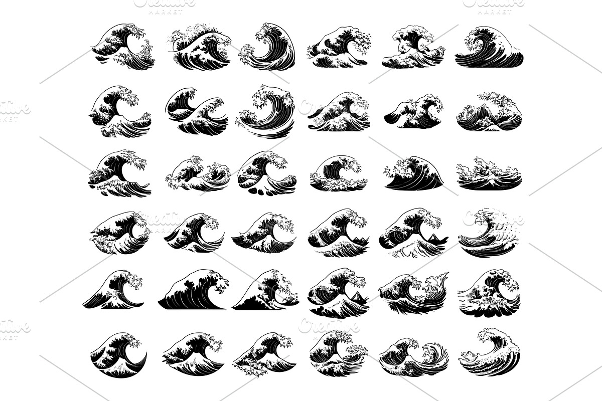 Ocean waves black ink sketch vector, an Illustration by Onyx