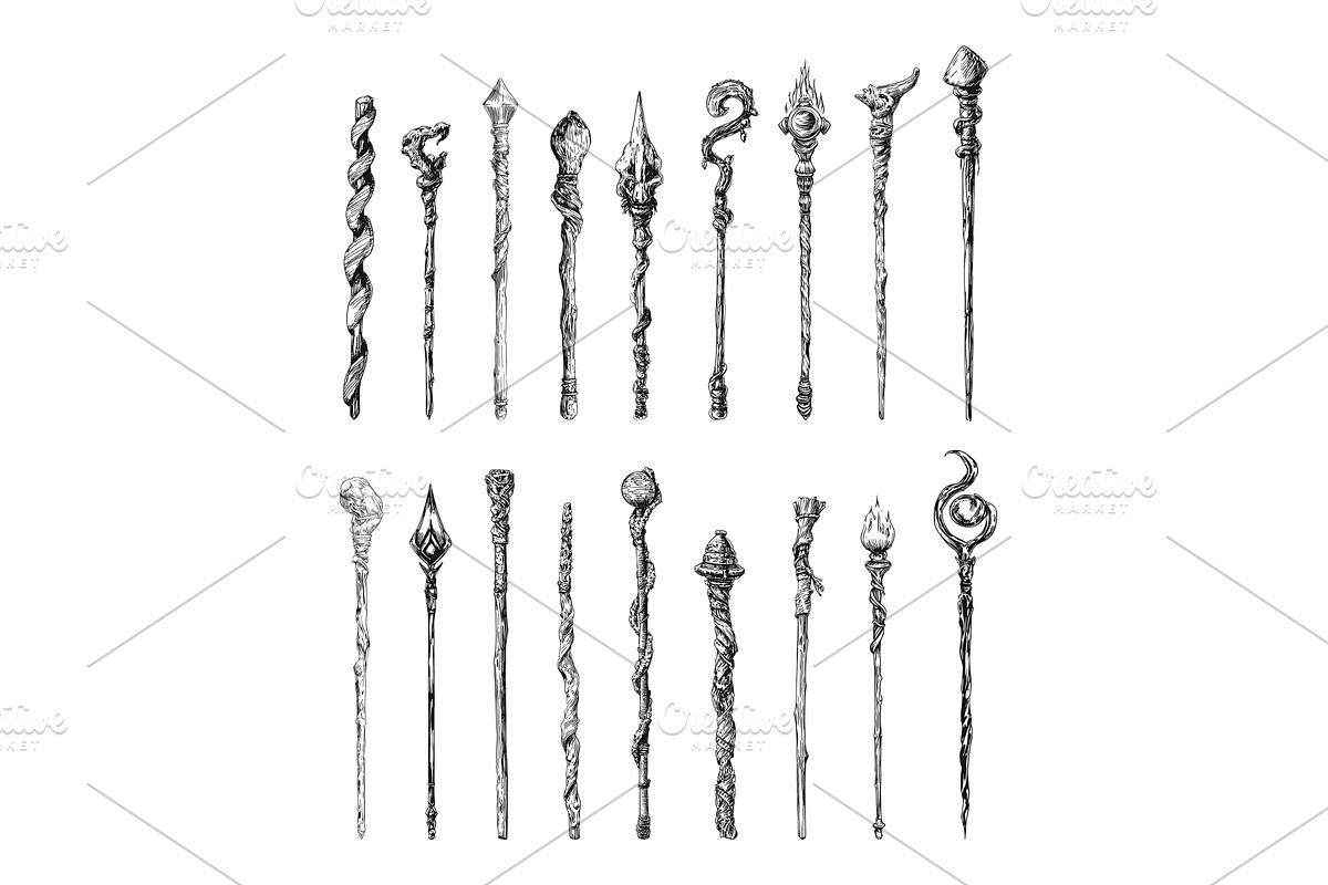 Wizard wooden staffs. Sketch magic, an Object Illustration by Valerie Bodnar