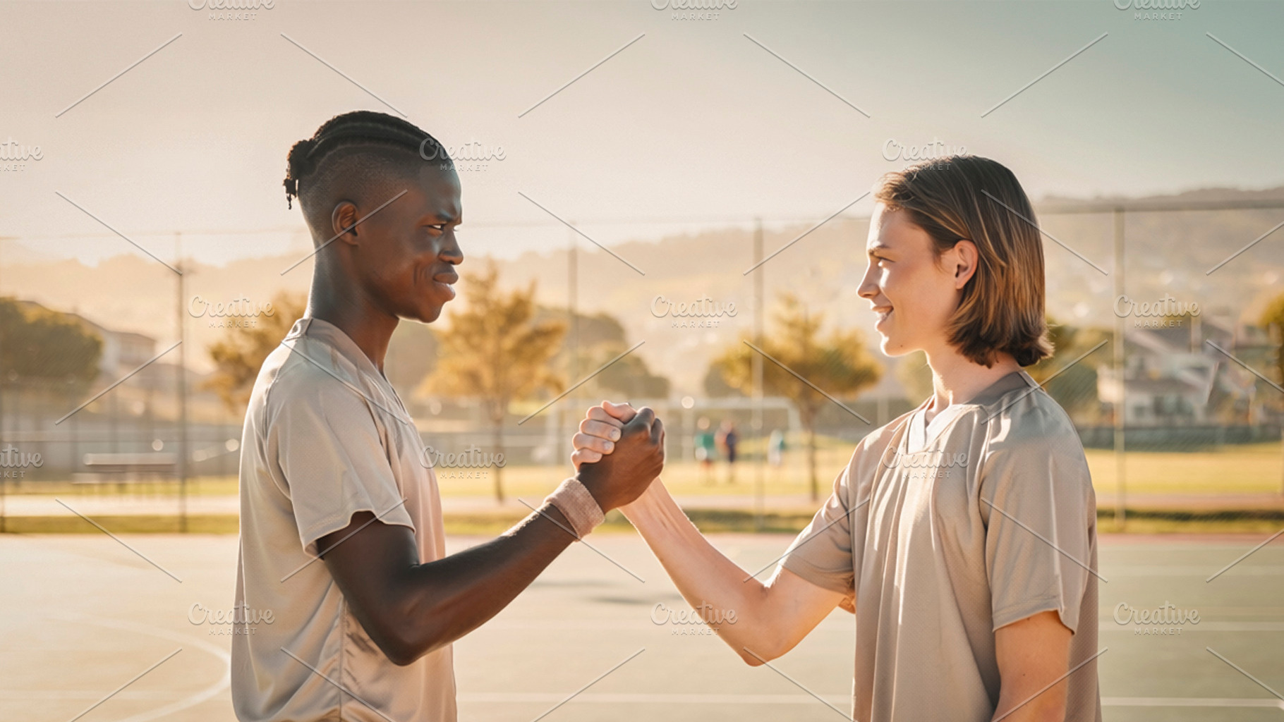 Two young people shaking hands on outdoor basketball, a Photo by DanFLCreativo
