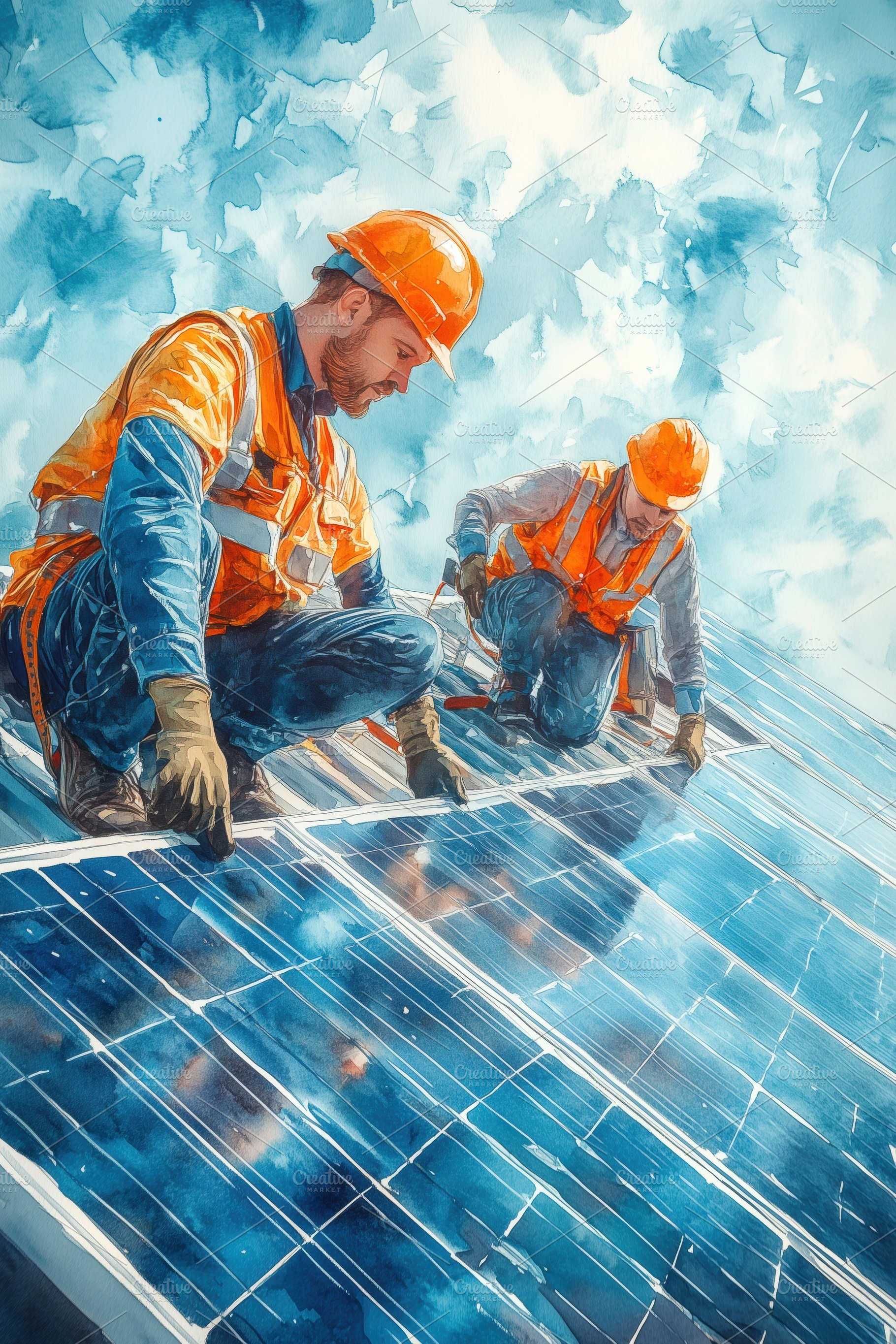 Two workers in orange helmets and safety vests installing solar panels on a roo, a Technology Photo by Textures & Backgrounds