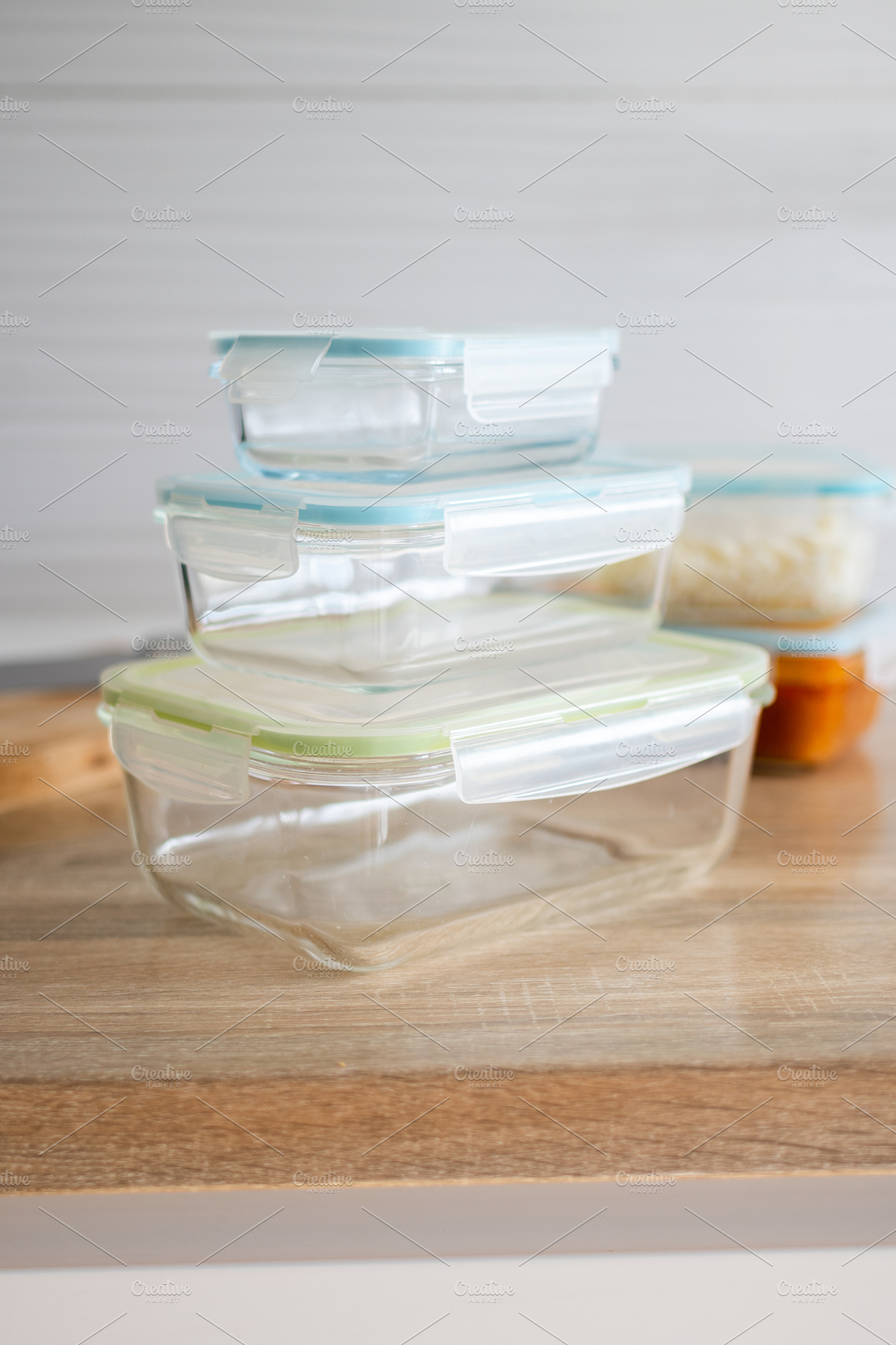 Stack of empty glass food storage containers, a Food & Drink Photo by etorres69