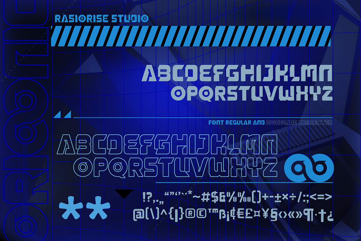 Orioonic a Futuristic Font, a Sans Serif Font by Rasiorise Studio (Photo 2 of 9)