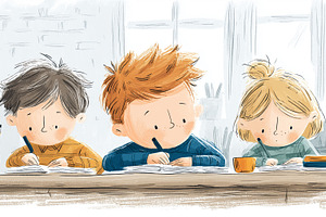 Three children sitting at a desk and, a School & Education Photo by MistyDay