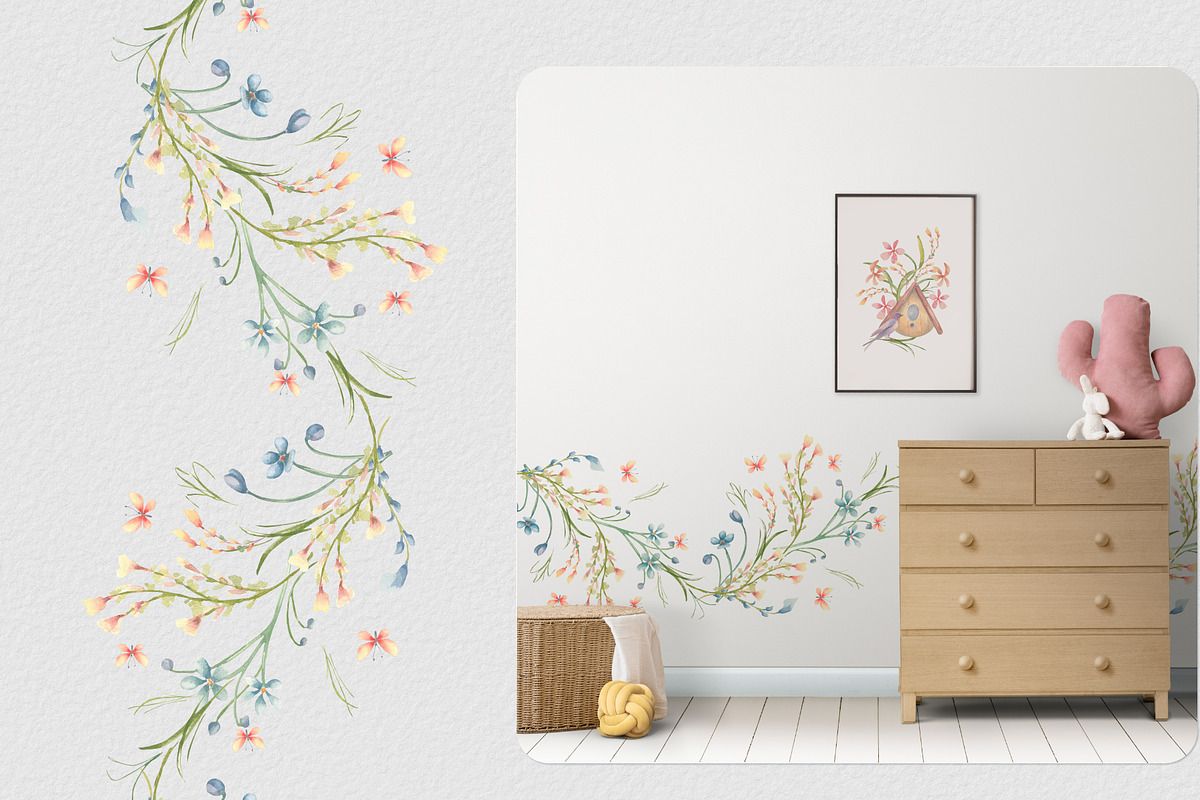 Birds and flowers watercolor clipart, a Decorative Illustration by Kate Lanbina (Photo 10 of 15)
