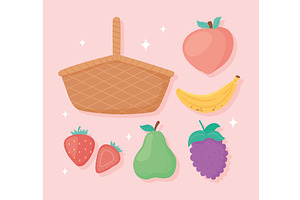 icons basket and fruits, a Food Illustration by studiogstock