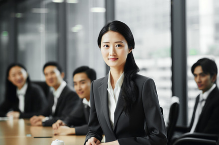 Asian young female CEO leading a diverse boardroom meeting in office, symbolizi
