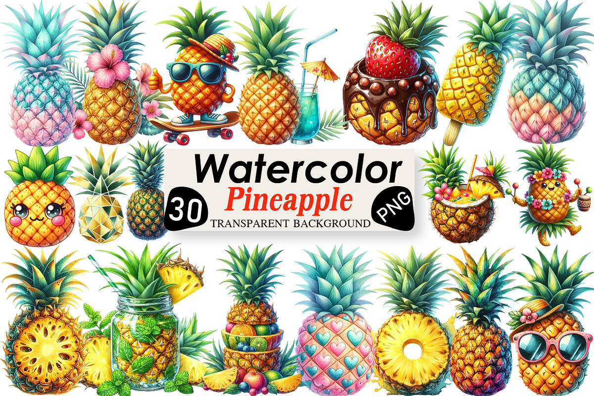Pineapple Watercolor Clipart, an Illustration by Black Bird Studio (Photo 1 of 6)