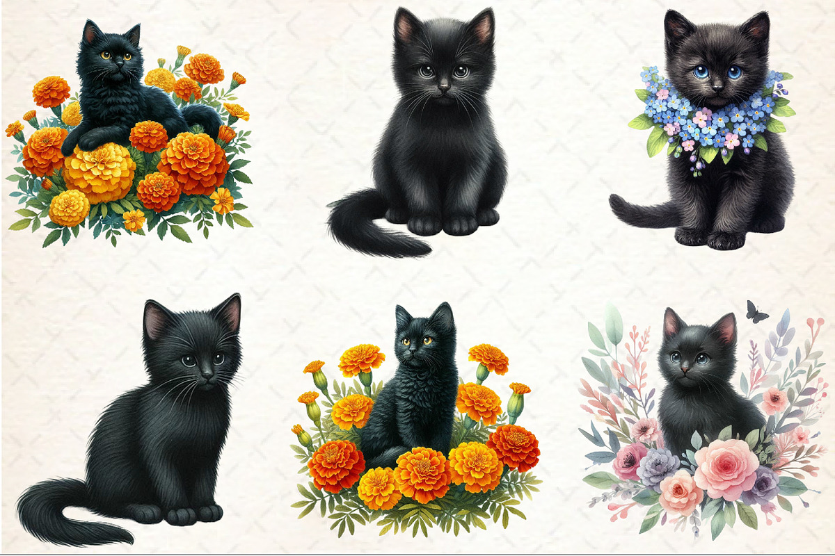 Watercolor Floral Black Cat Clipart, an Illustration by Rose Art (Photo 3 of 8)