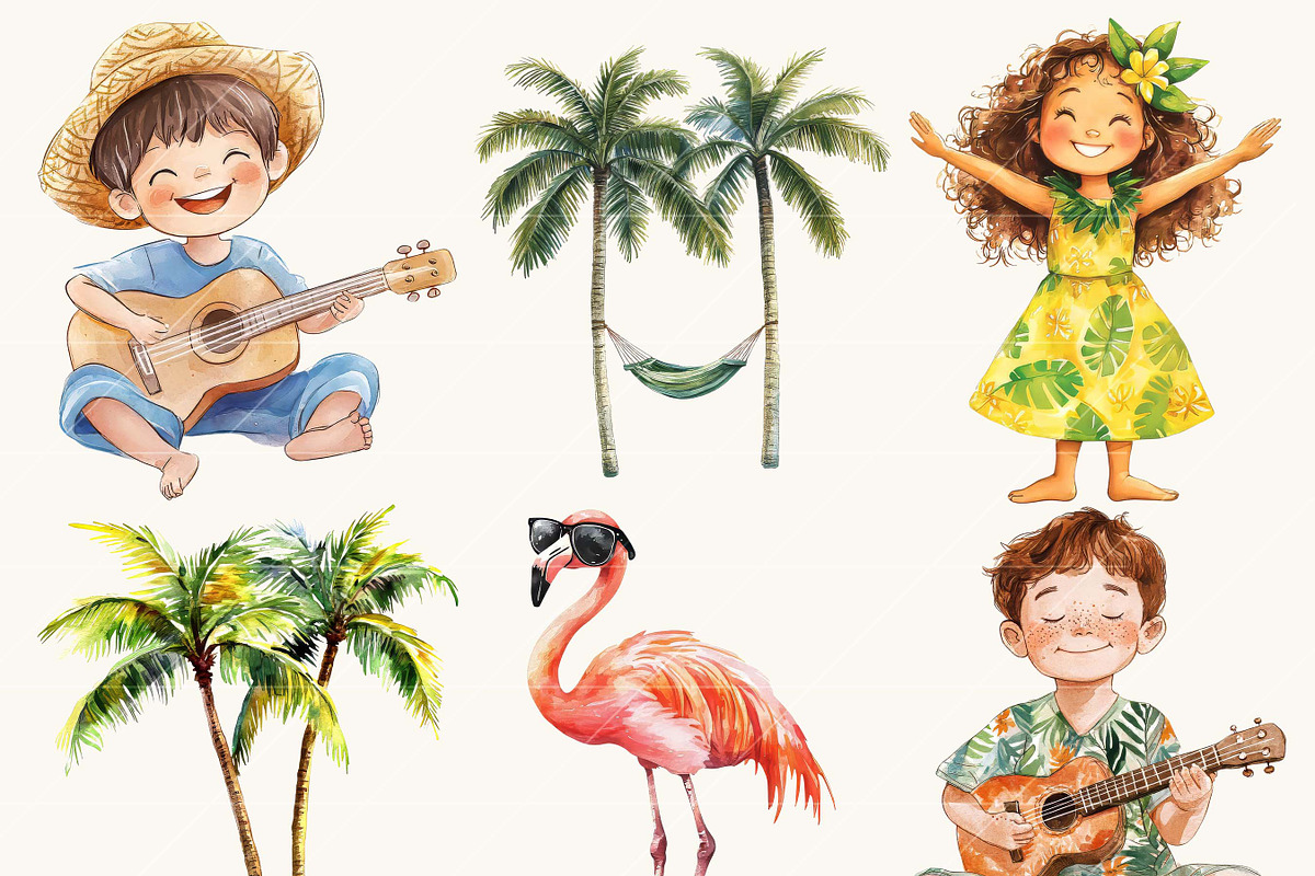 Watercolor Cute Hawaiian Clipart, an Object Illustration by SparkyDesignsUS (Photo 2 of 9)