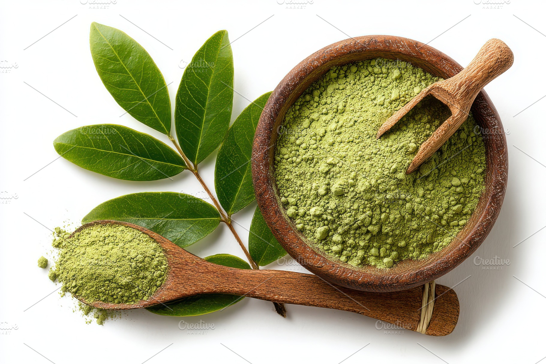 Matcha powder in wooden bowl and spo, a Photo by Pixeness Studio