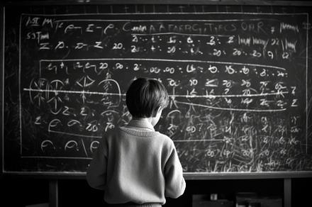 Photo of a child drawing a chalkboard full of complex mathematic, a School & Education Photo by designvectx
