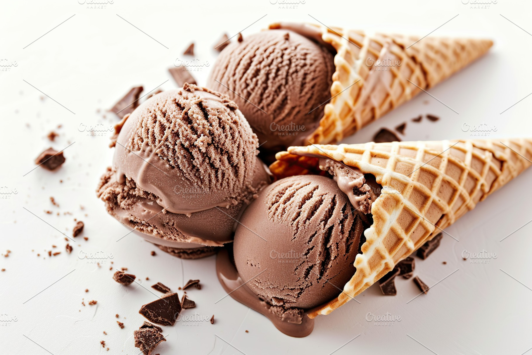 Chocolate ice cream in waffle cones on white background, a Food & Drink Photo by AlyaAnd