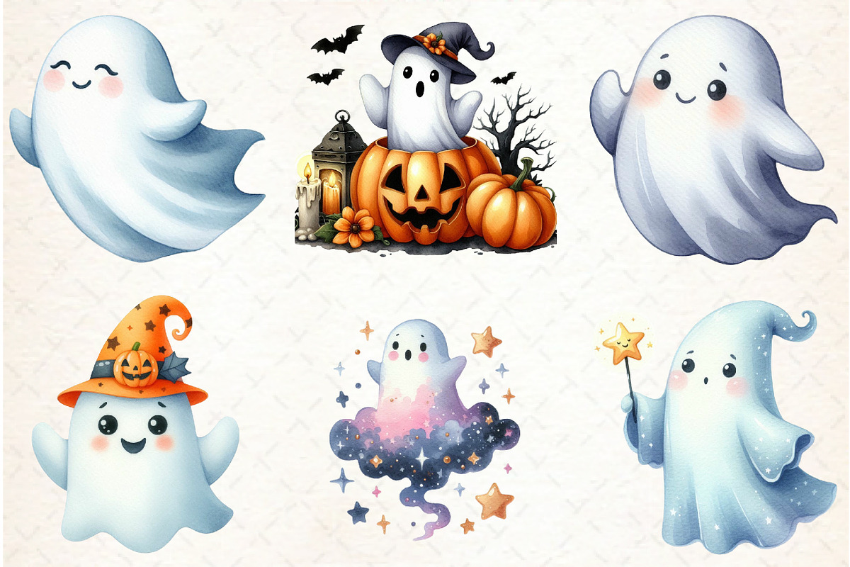 Watercolor Cute Ghost Clipart, an Illustration by Libby Wishes (Photo 2 of 6)