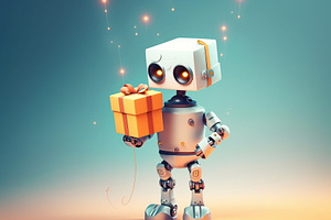 Adorable cute robot with a present, a Technology Illustration by Mashimara