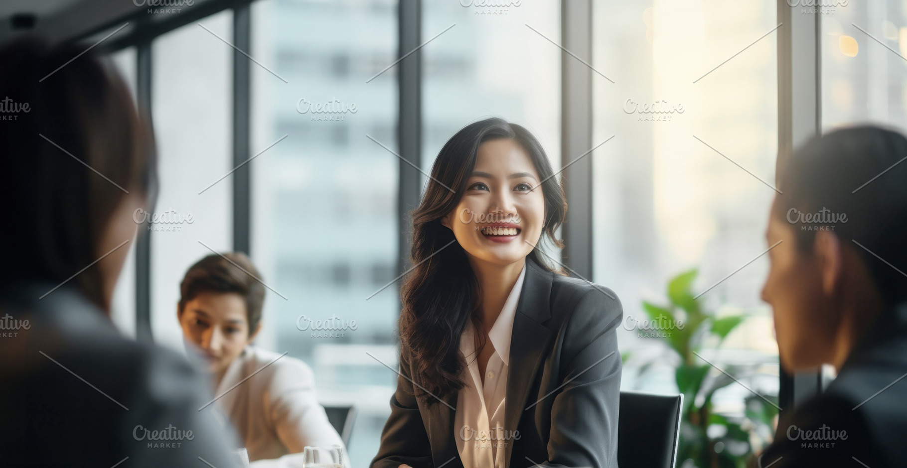 Asian female CEO with long hairs confidently leading a diverse boardroom meetin, a Person Photo by zakiroff