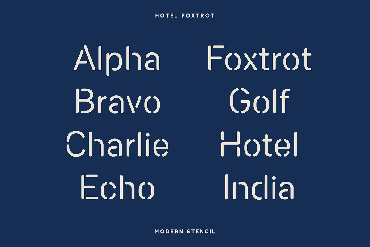 Hotel Foxtrot - Modern Stencil, a Font by Creative Type (Photo 4 of 9)