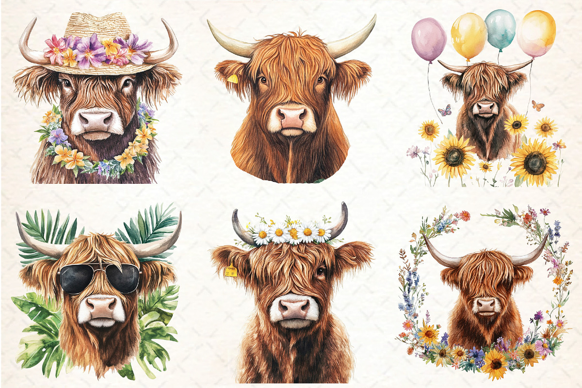 Watercolor Summer Highland Cow, an Illustration by DreamCafeArt (Photo 4 of 8)