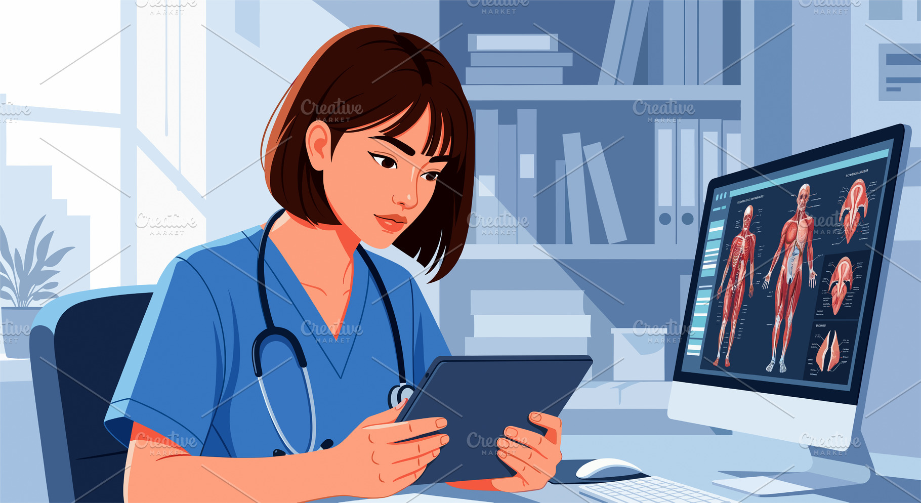 Young doctor woman reviewing muscle, a Photo by angellodeco