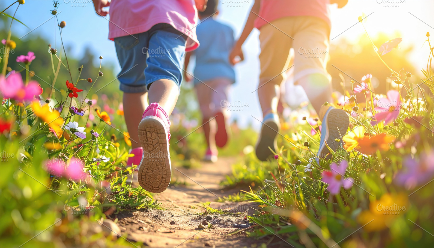 Children Running Through Wildflower Meadow at Sunset, a Person Photo by Davizro's Market