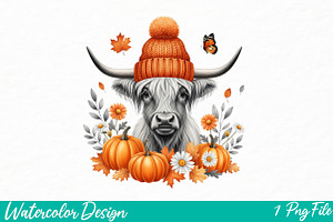 Cute Highland Cow Fall png, an Illustration by Watercolor design