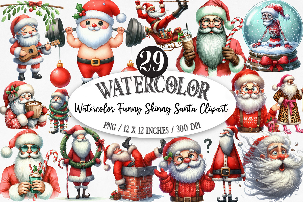 Watercolor Funny Skinny Santa PNG, an Illustration by Designking (Photo 1 of 5)