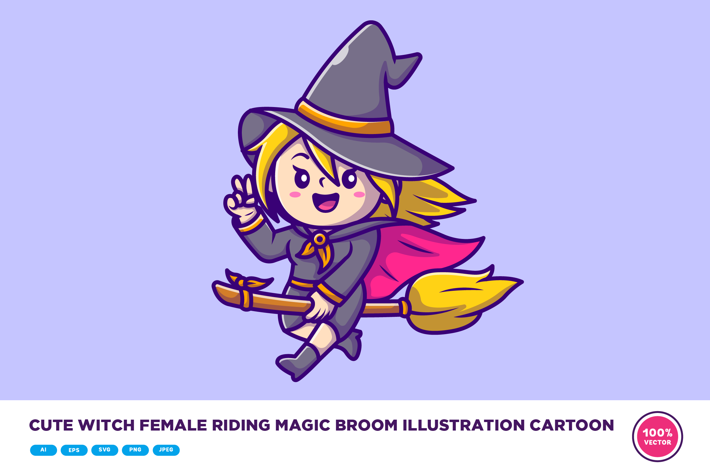 Cute Witch Female Riding Magic Broom, a Person Illustration by Catalyst ...