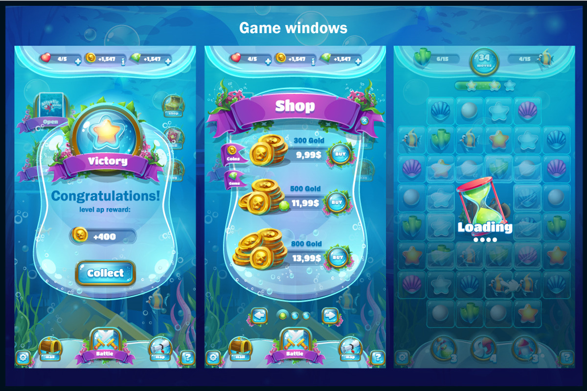 Atlantis Ruins Match 3 Mobile UI Kit, an UI Kit Template by Nearbirds (Photo 5 of 7)