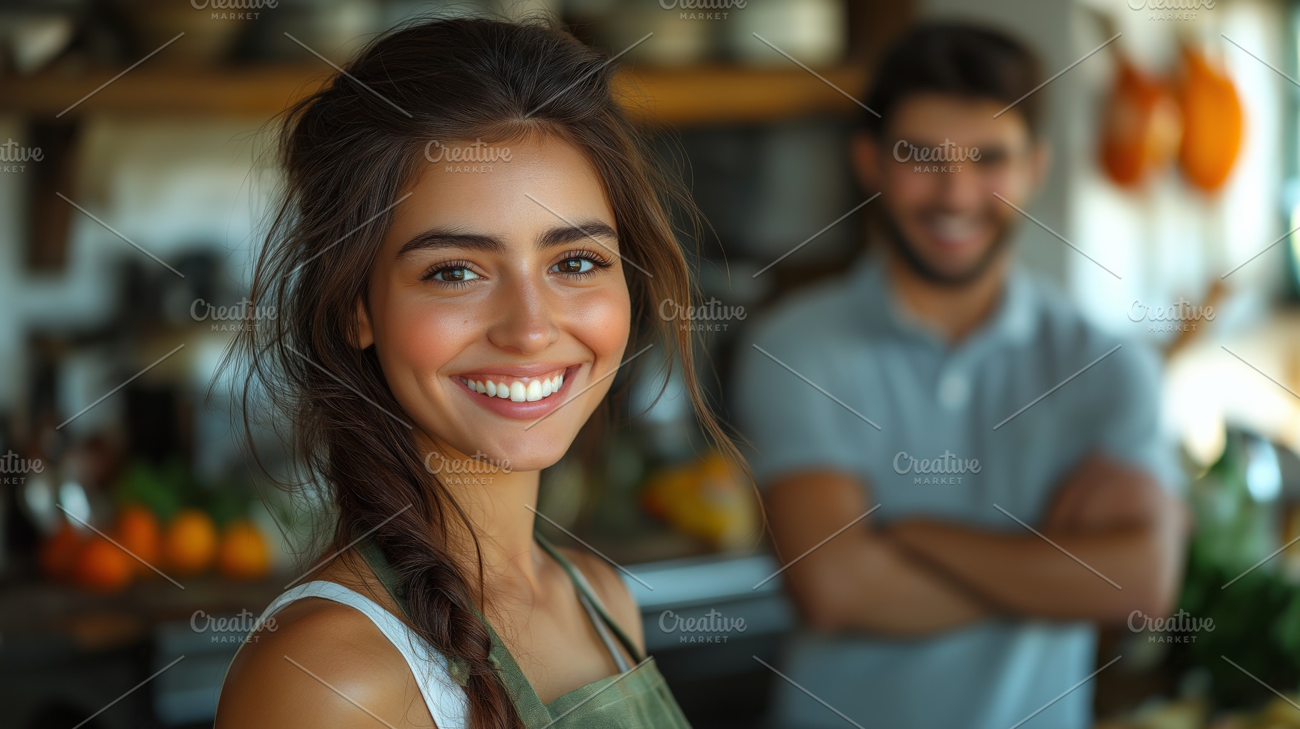 A cheerful young woman with long, dark hair smiles brightly in a cozy kitchen,, a Person Photo by ImageMir