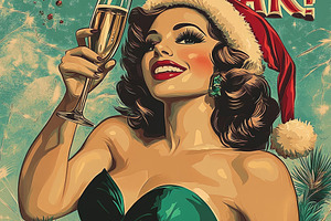 woman in santa style with sparkling wine. inscription HAPPY NE, a Photo by Pictures for you!!!!!!!!!