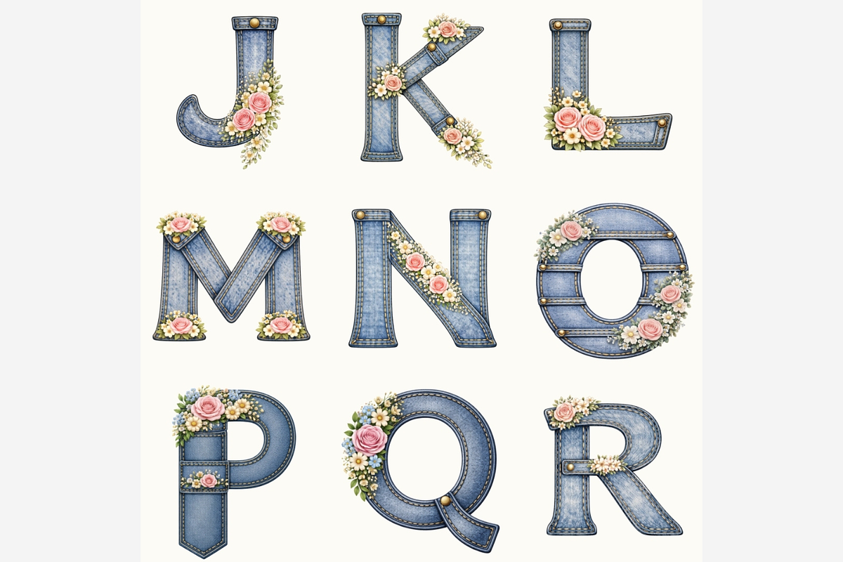 Denim Floral Alphabet PNG Bundle, a Duotone Icon by Tanya Kart (Photo 3 of 4)