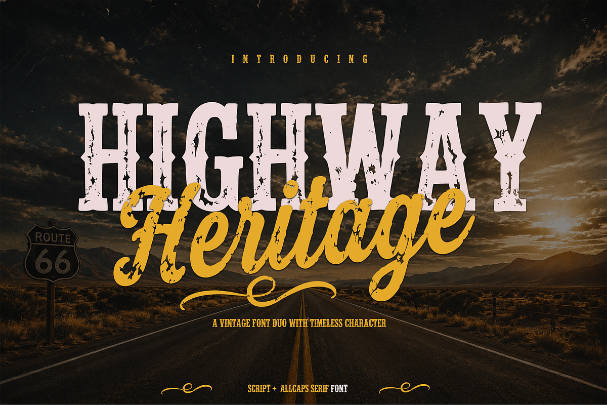 Highway Heritage font duo, a Script Font by cocodesign (Photo 1 of 8)
