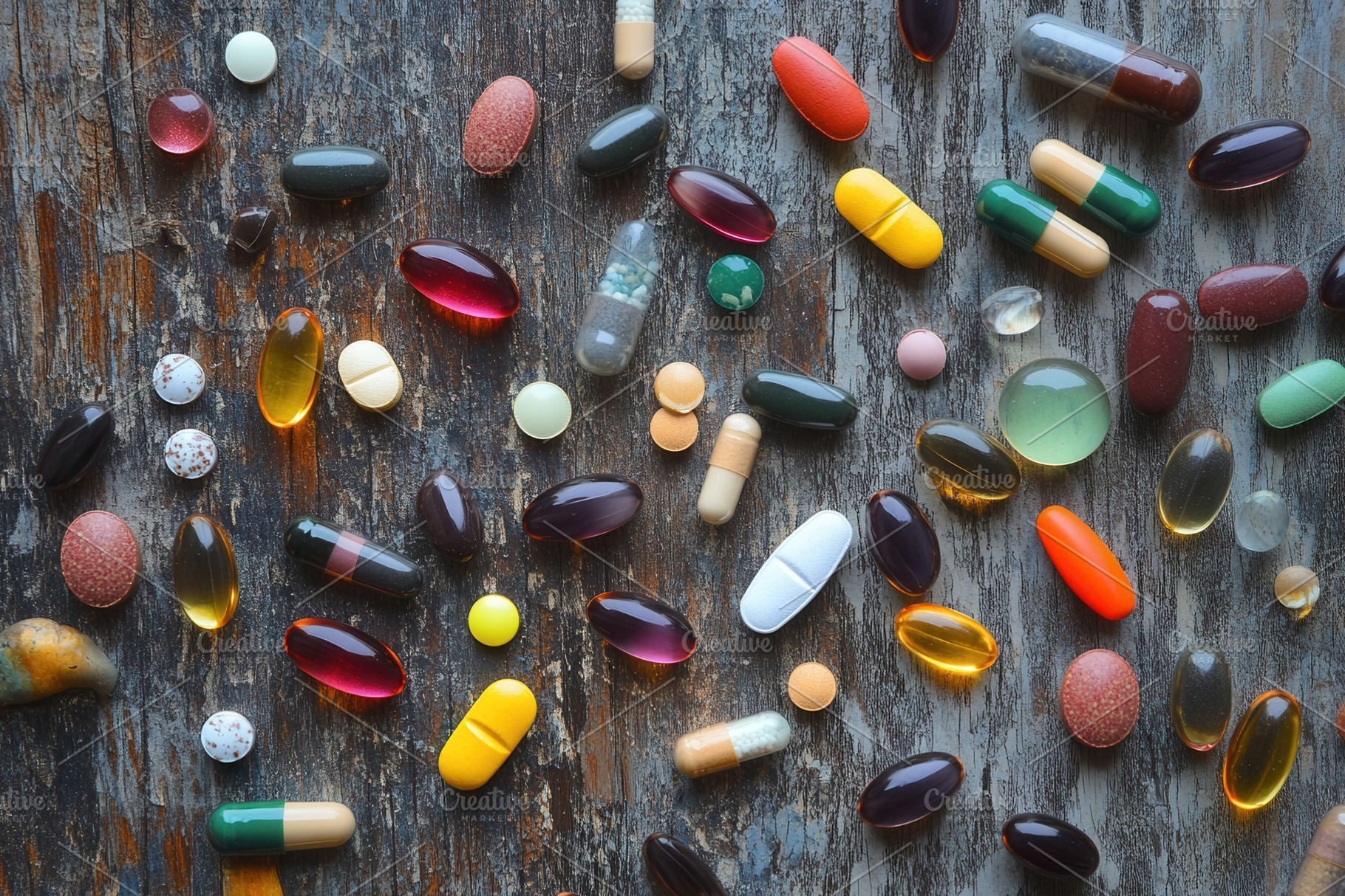 A mix of colorful pills and capsules, a Photo by Pavel_design