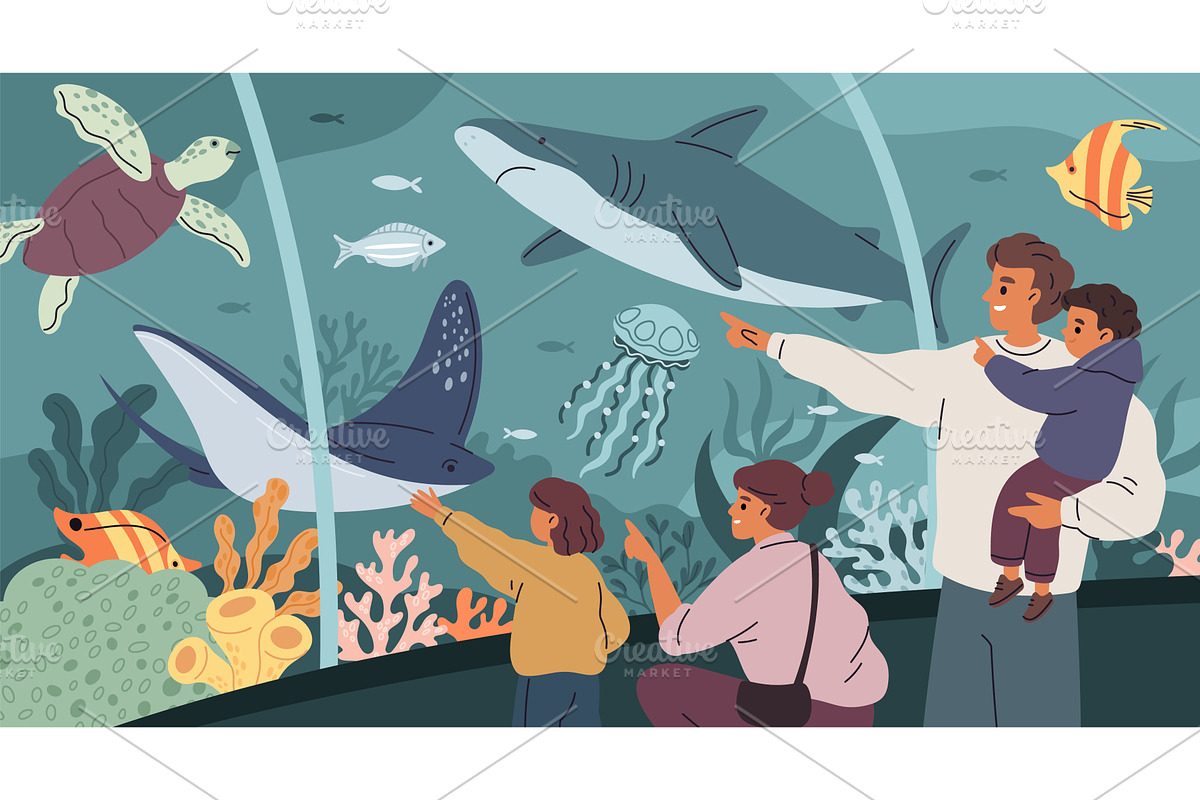 Oceanarium visitors. Happy family in, an Animal Illustration by YummyBuum