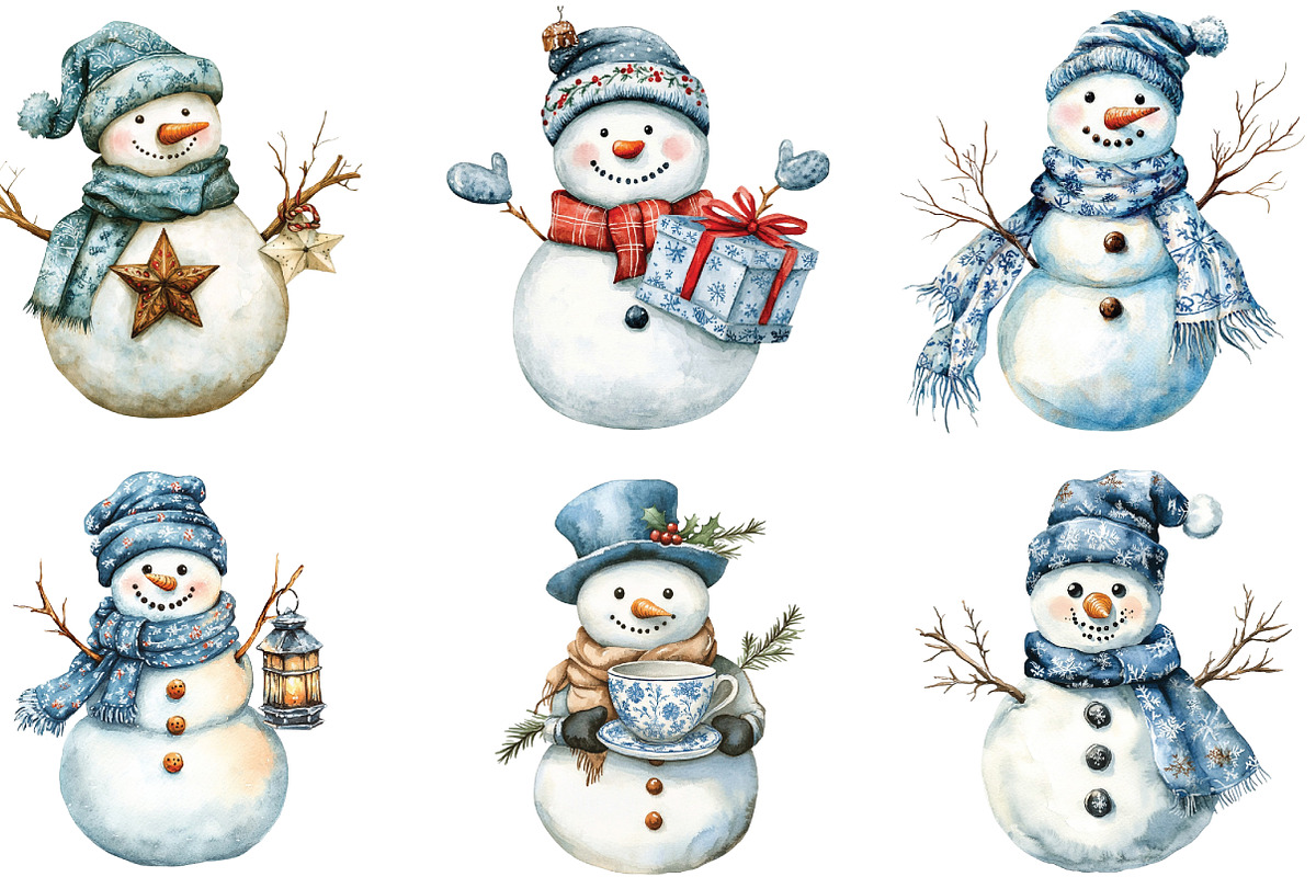 Christmas Blue Toile Snowman Clipart, an Illustration by CraftArtStudio (Photo 3 of 6)