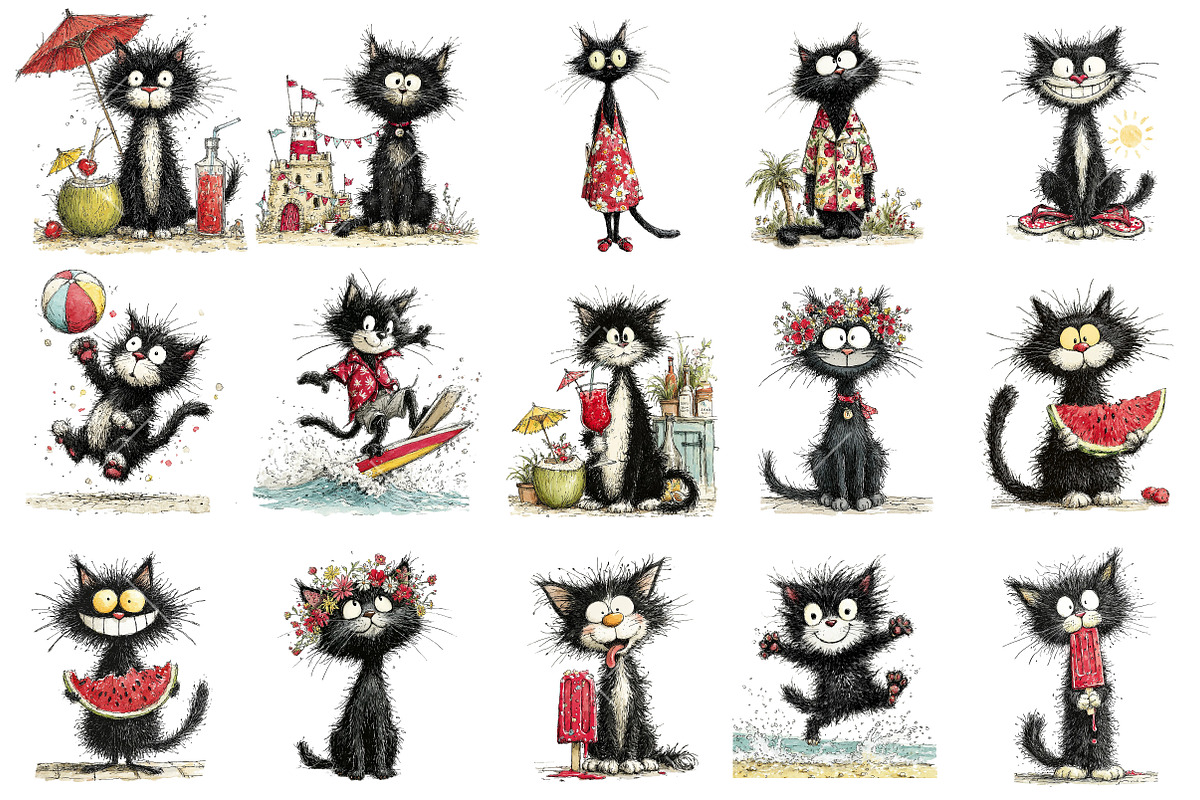 Whimsical Summer Black Cat Clipart, an Illustration by OK Design (Photo 3 of 6)