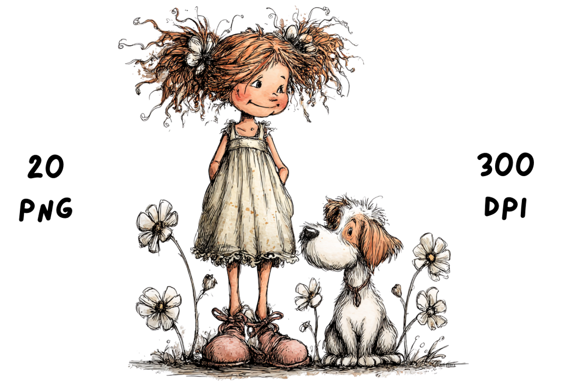 Whimsical Floral Girl and Puppy, an Animal Illustration by GiraffeCreative (Photo 2 of 20)