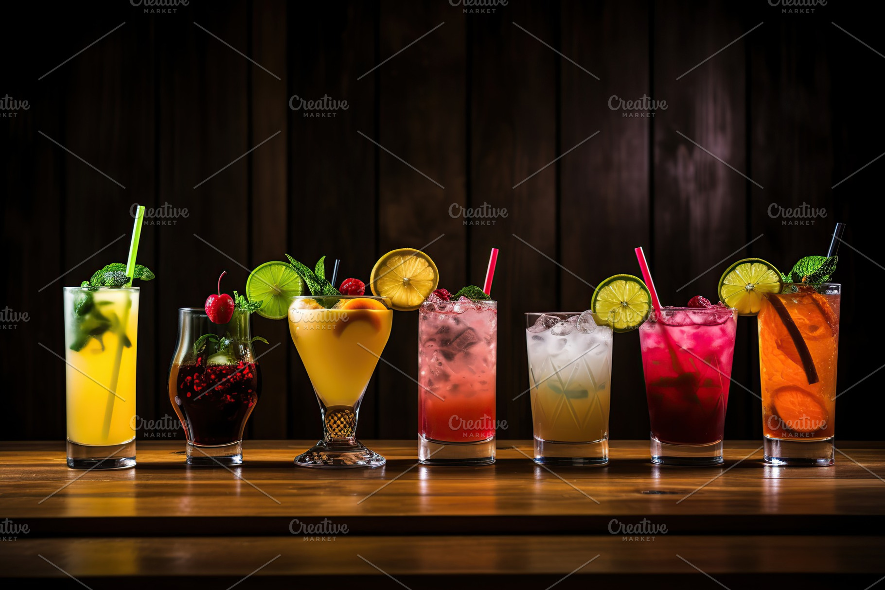 Different alcohol cocktails on wooden background, a Food & Drink Photo by AlyaAnd