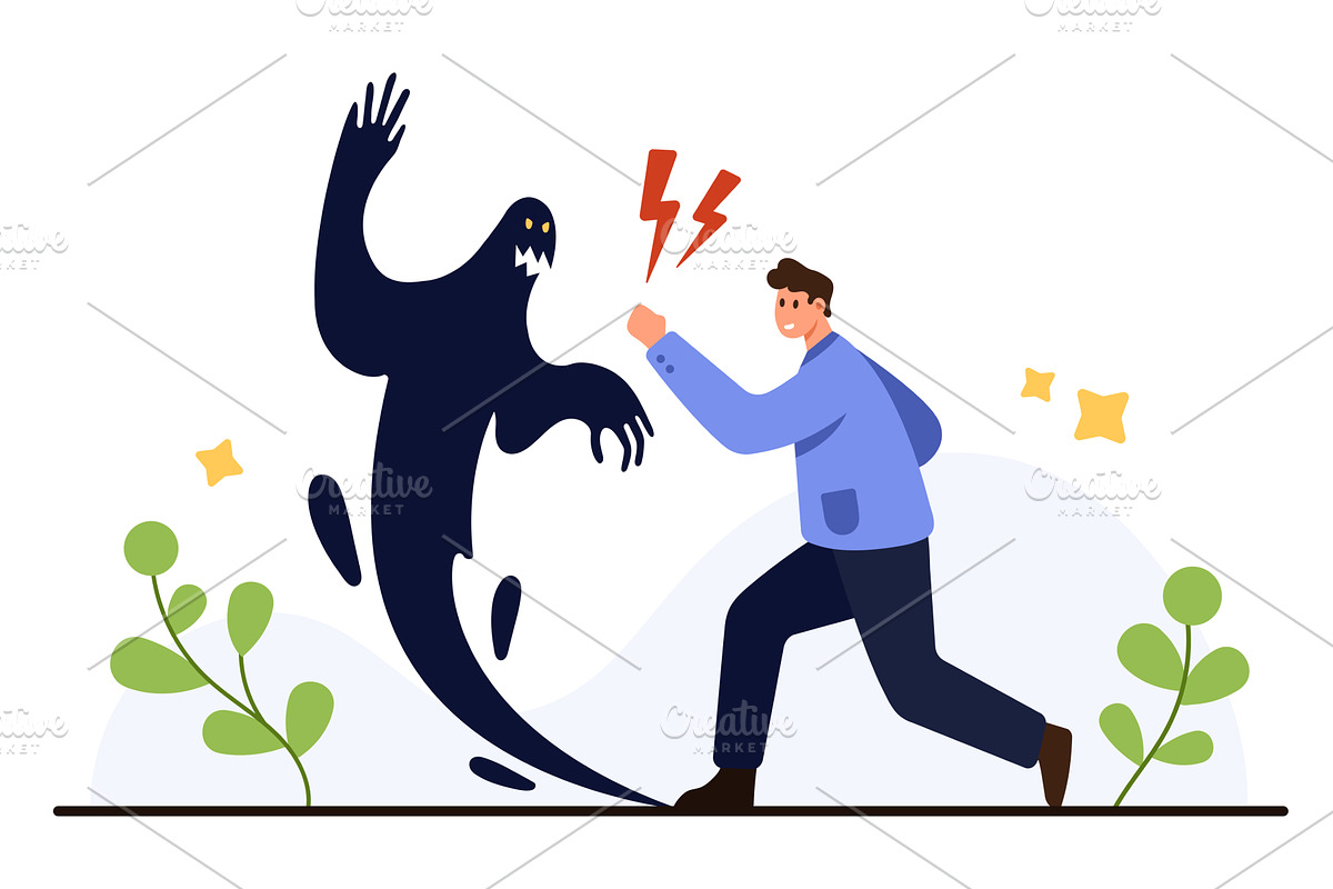 Man Standing Against Fear Monster, a Person Illustration by Flashvector