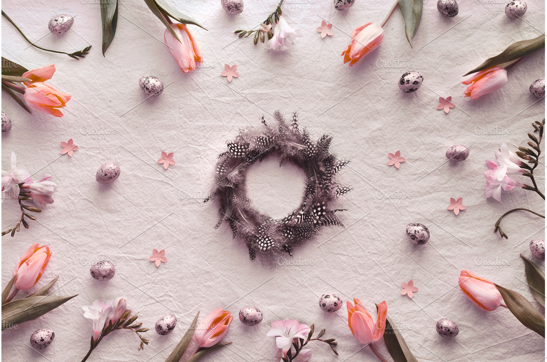 Pastel Easter wreath surrounded by, a Holiday Photo by tilialucida