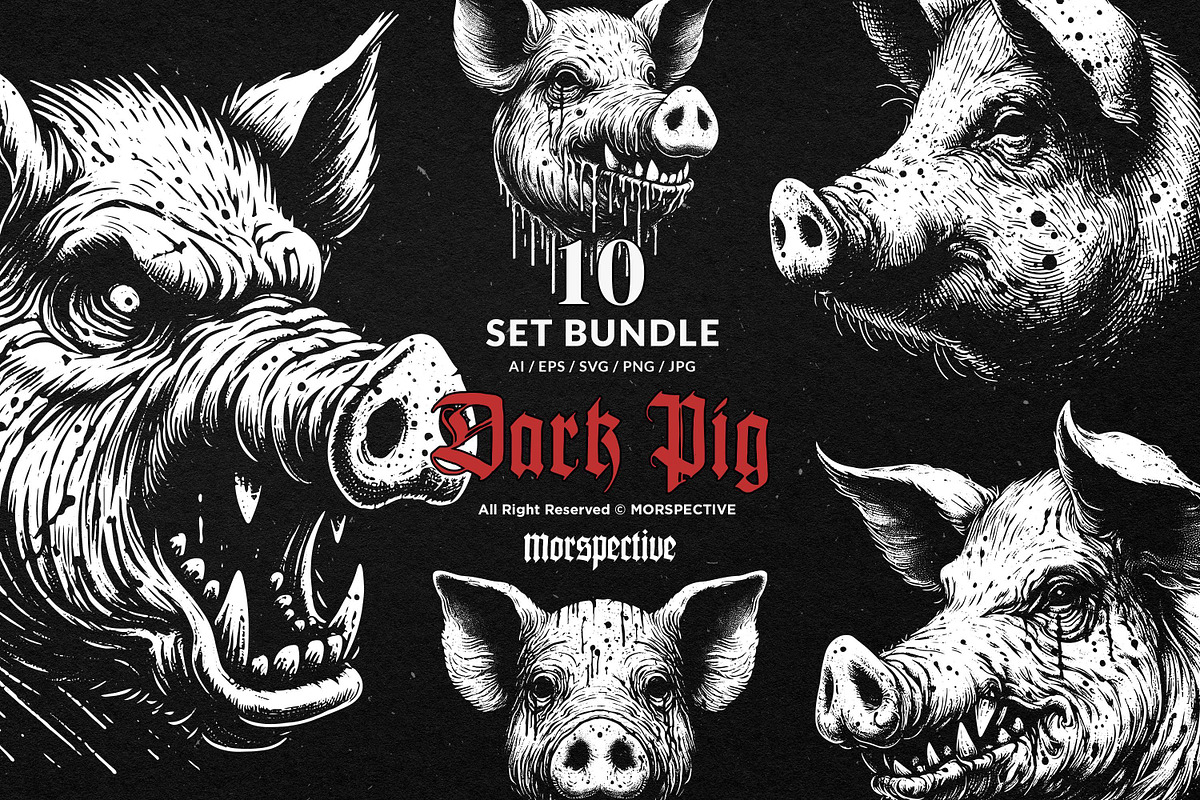 10 Bundle Dark Art Pig Beast Scary, an Illustration by Morspective (Photo 1 of 7)