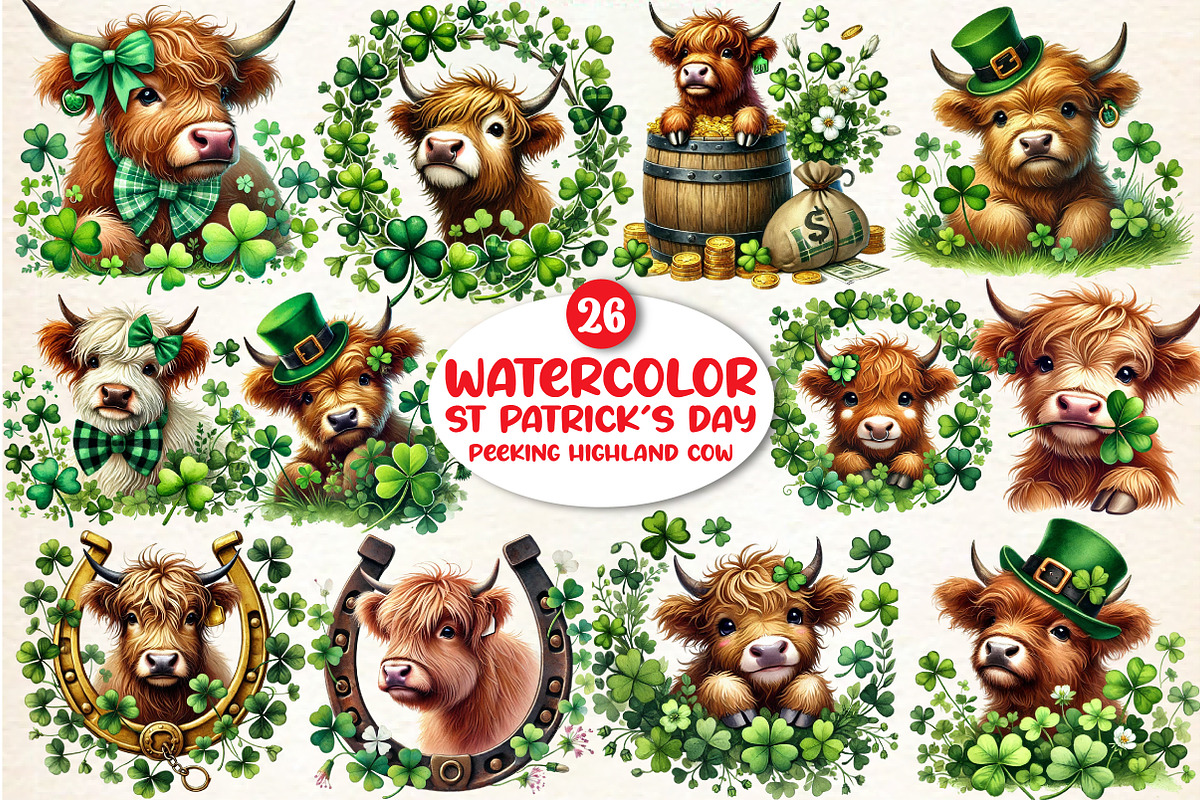St Patrick's Day Peeking Highland, a Seasonal Illustration by DreamArtGraphic (Photo 1 of 5)