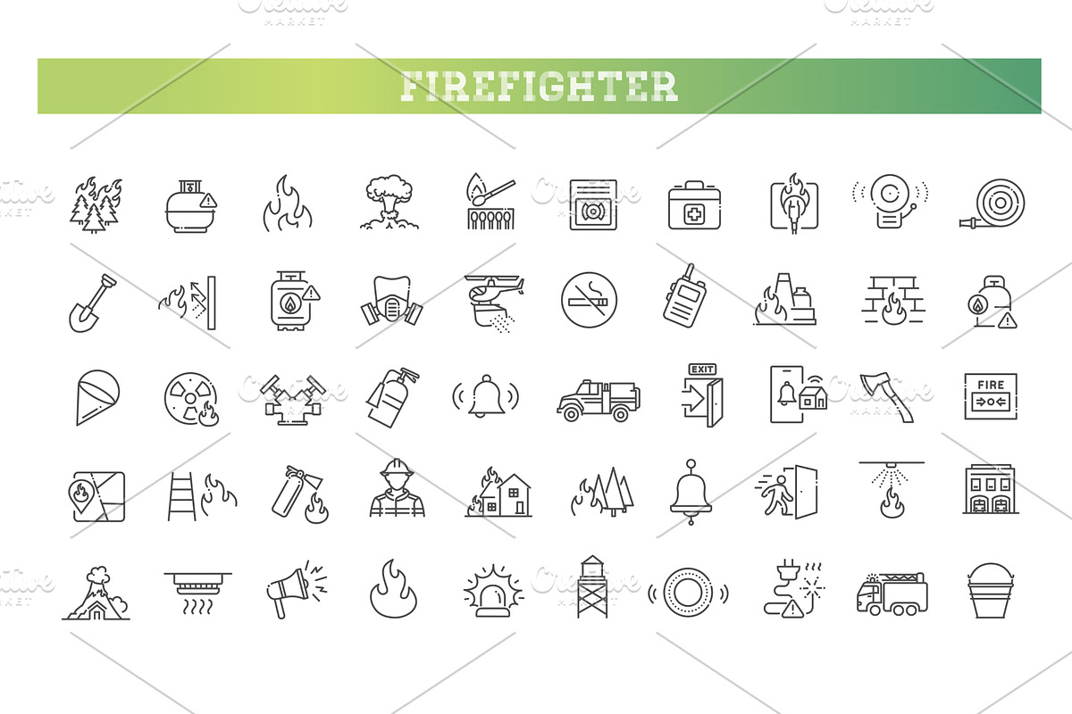 Firefighting safety equipment icons, an Outline Icon by Tettygreen (Photo 1 of 2)