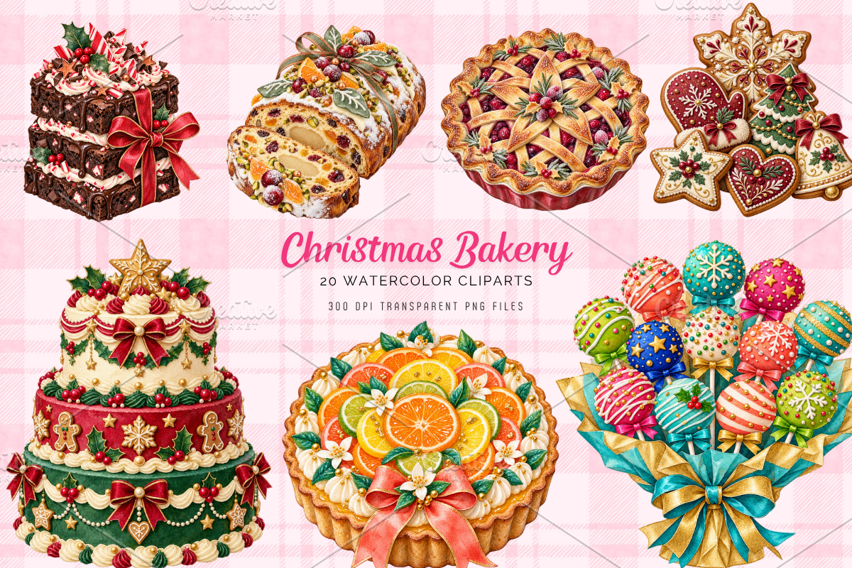 Christmas Bakery Watercolor Cliparts, a Food Illustration by Ink Gallery (Photo 1 of 13)