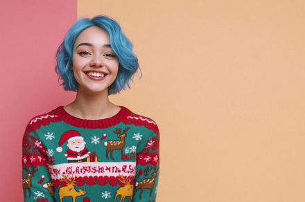 Smiling young woman with color hair in ugly Christmas sweater ag, a Photo by Dvoevnore photos