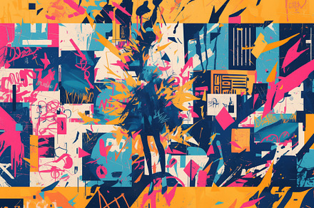 A vibrant abstract artwork featuring bold colors like pink, blue, and yellow. T, a Wallpaper Graphic by Textures & Backgrounds