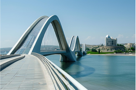 Modern pedestrian bridge spanning, an Architecture Photo by Ylivdesign