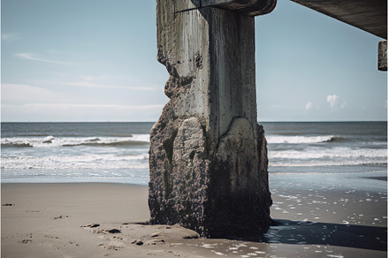 Bridge support pillar on ocean beach, an Industrial Photo by Ylivdesign