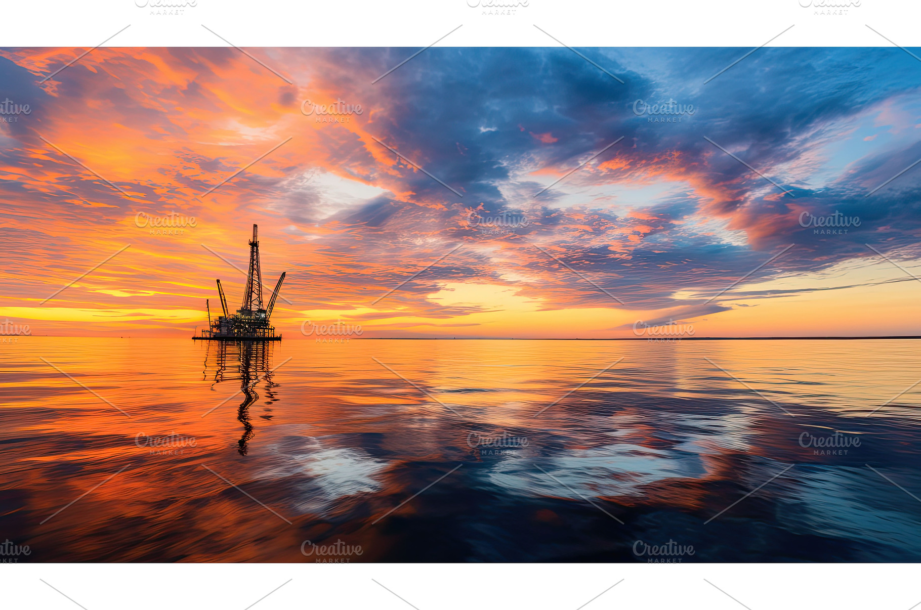 waters oil rig sunset ai generated, a Background Photo by pikepicture