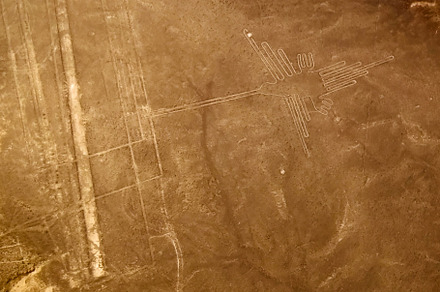 Aerial airplane panoramic view to Nazca geoglyph lines aka Hummingbird, Ica, Pe, an Architecture Photo by Wild, Wild World